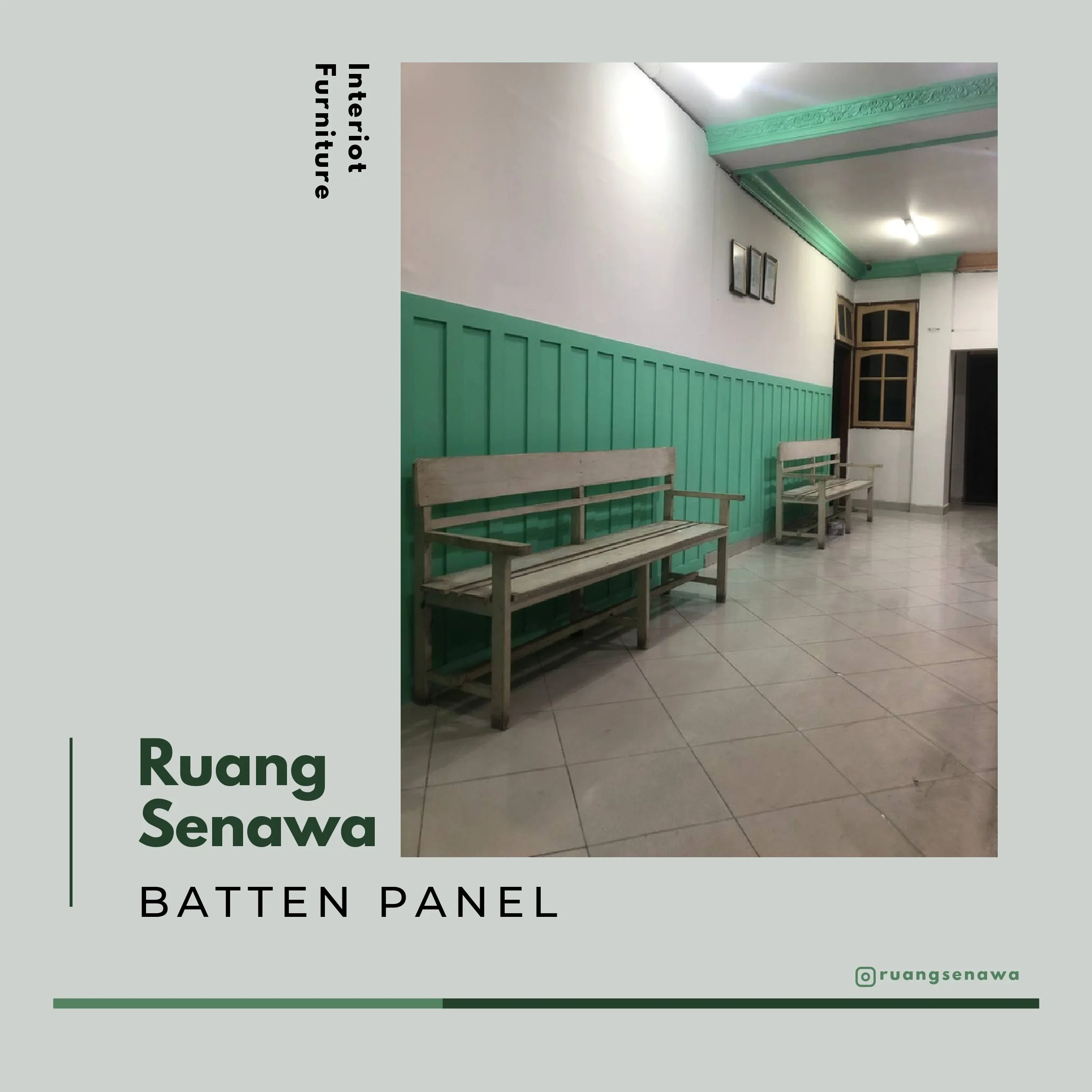 Waiting Area Green Panel & Bench — Panel dinding hijau terang di area ruang tunggu dengan bangku kayu Kota Palu Ruang Senawa